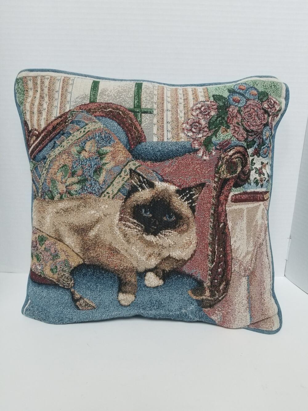 VTG Decorative Siamese Cat Tapestry Throw Pillow 16 X 16 By Fashion Cat Lovers